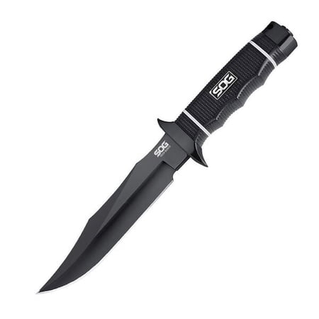 SOG Tech Bowie Fixed Blade Knife 6.4" Clip Point AUS-8 Titanium Nitride Blade Kraton Handle Black
