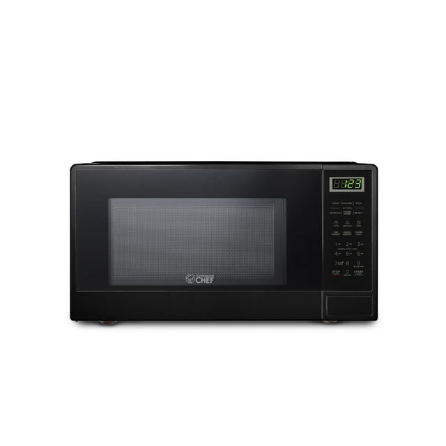 Commercial Chef 1.1 Cu Ft black countertop microwave with digital timer, 10 power levels, and push button control panel.