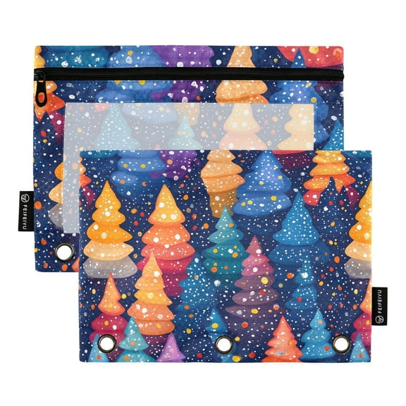 Colorful Tree and Snow 2 Pack Pencil Pouch for 3 Ring Binder Smooth Zipper Folders with Pockets Clear Window Pencil Case