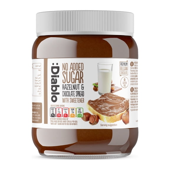 Diablo No Added Sugar Chocolate Hazelnut Spread with Cocoa, Creamy Topping for Toast, Crepes, Pancakes & Desserts, 12.3 oz