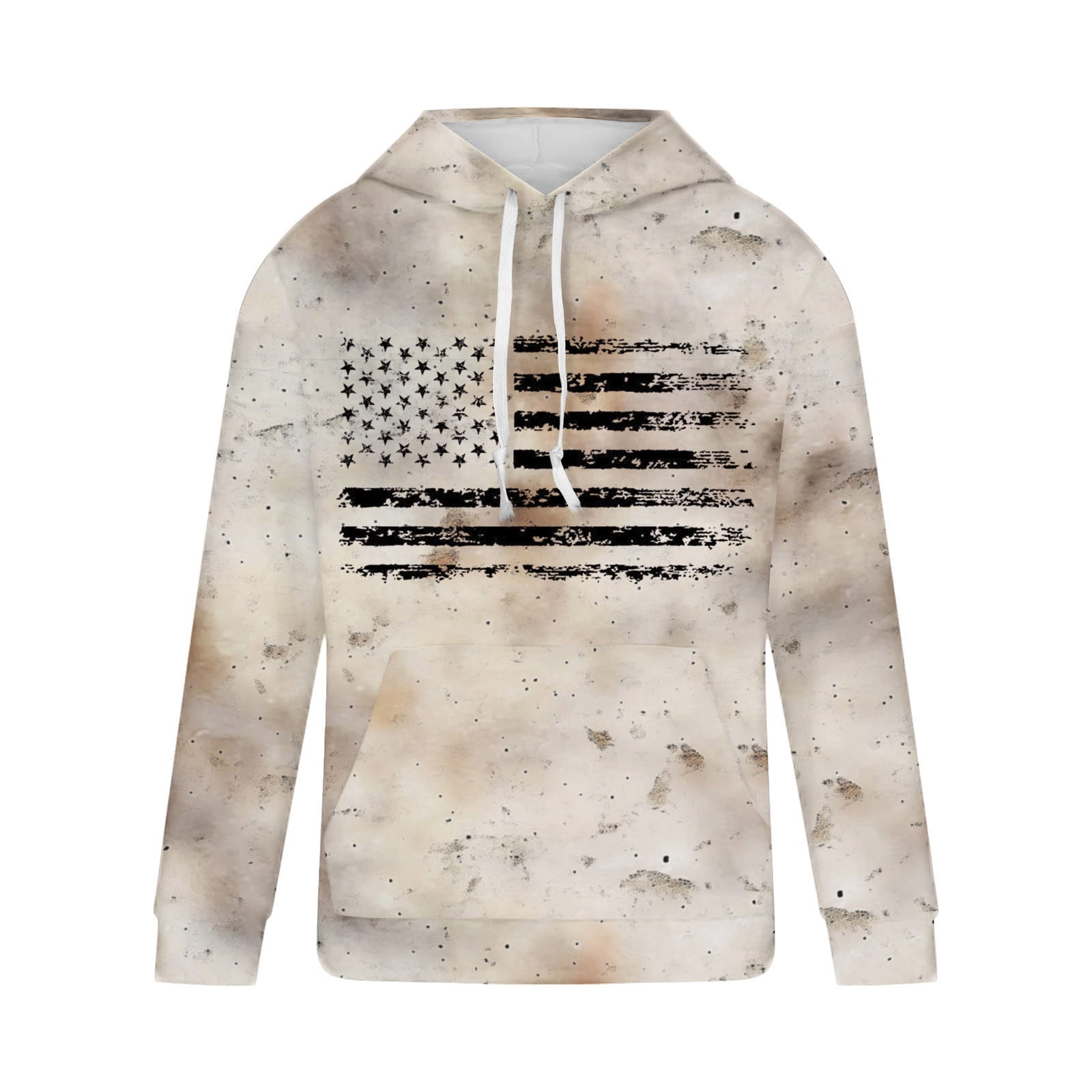 ZCFZJW Fashion Hooded Sweatshirts for Men Lightweight Regular Fit Casual Camo US Flag Print Long Sleeve Drawstring Hoodie Outwear Coat Patriotic Tops with Pocket Beige M