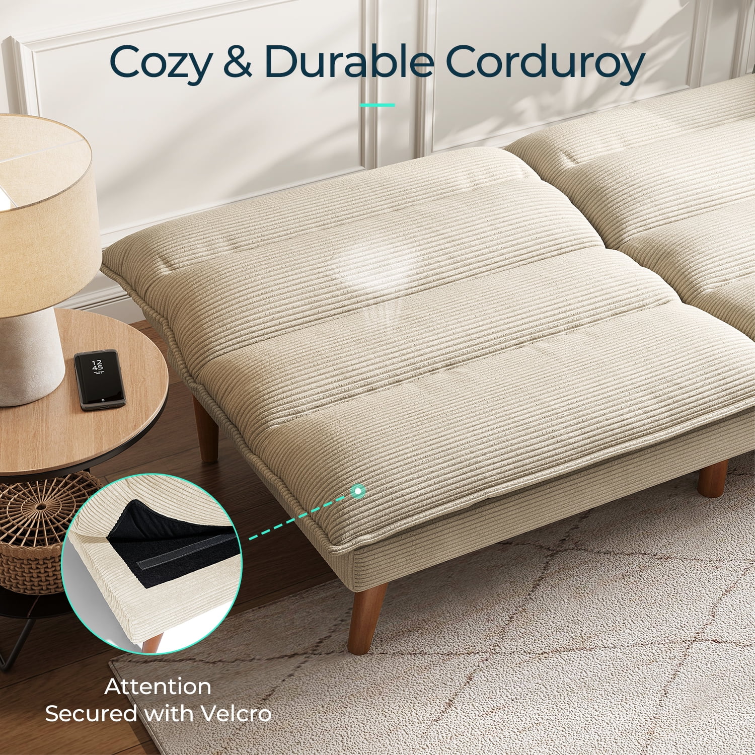 Linsy Home Convertible Futon Sofa Bed, Wooden Arms, 100% Corduroy, 75"W x 21"D x 23.30"H, White