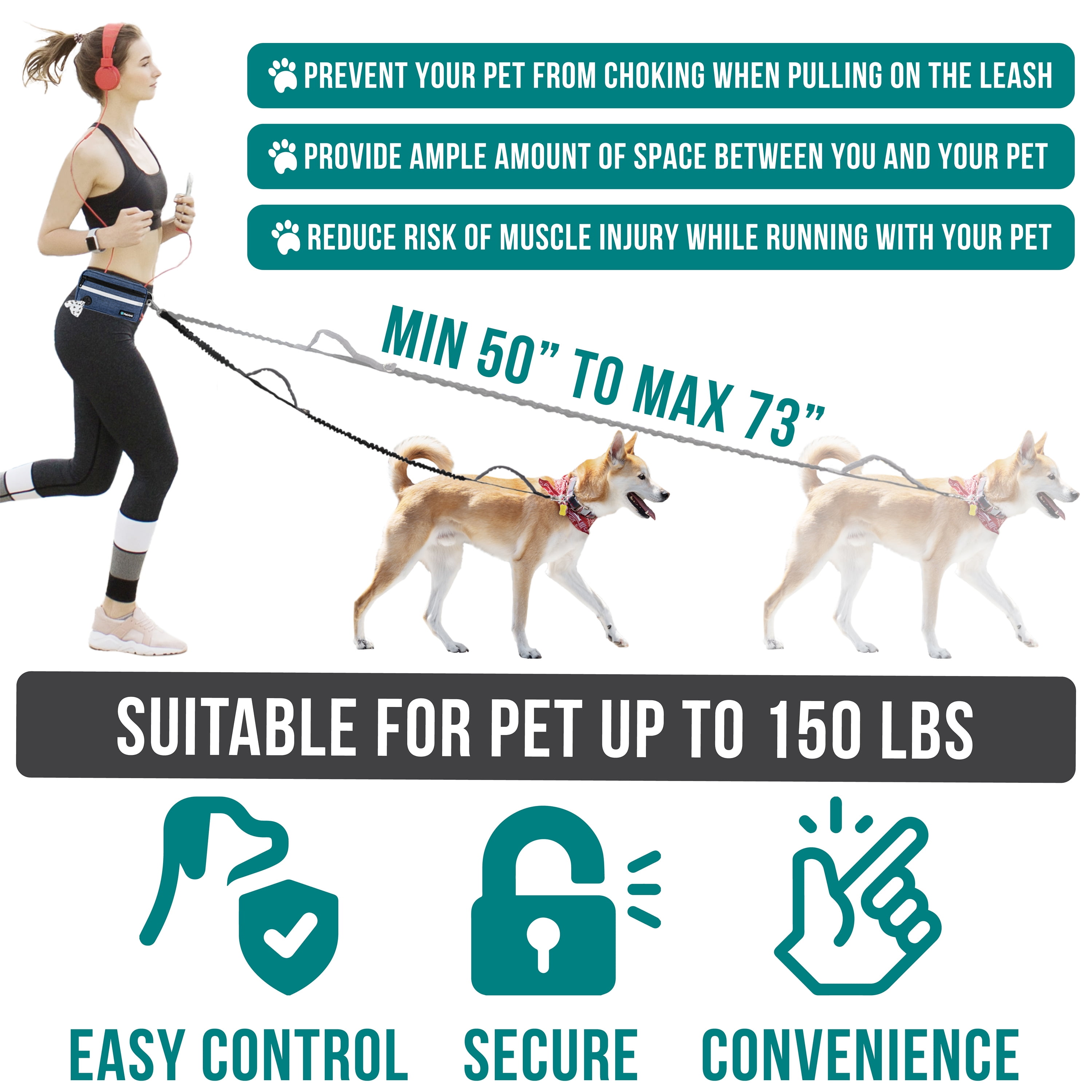 PetAmi Hands Free Dog Leash, Dog Running Leash Belt for Walking Jogging, Dog Waist Zipper Pouch Fanny Pack with Poop Bag Dispenser, Dual Padded Handle Bungee Leash for Small Medium Large Dogs, Single