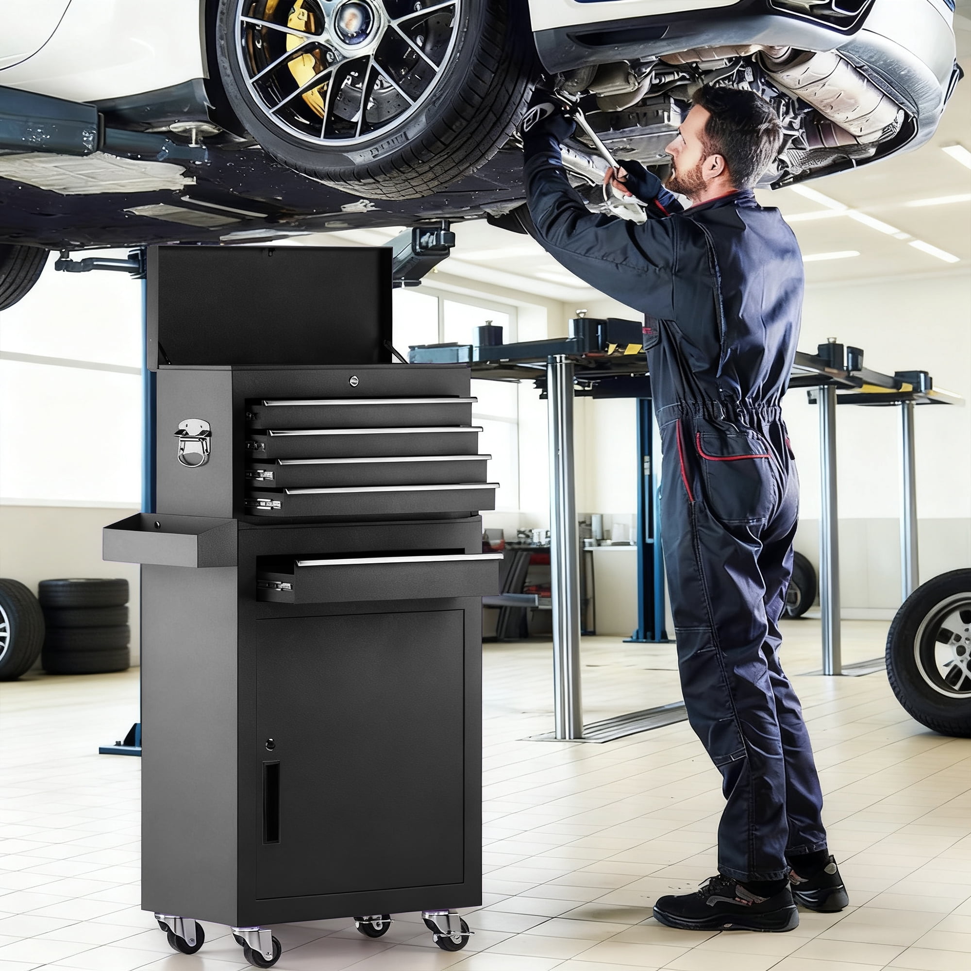 5-Drawer Rolling Tool Chest, Stainless Steel Tool Box with Brake Wheels and 4 Drawers, Black Detachable Tool Cart, Black