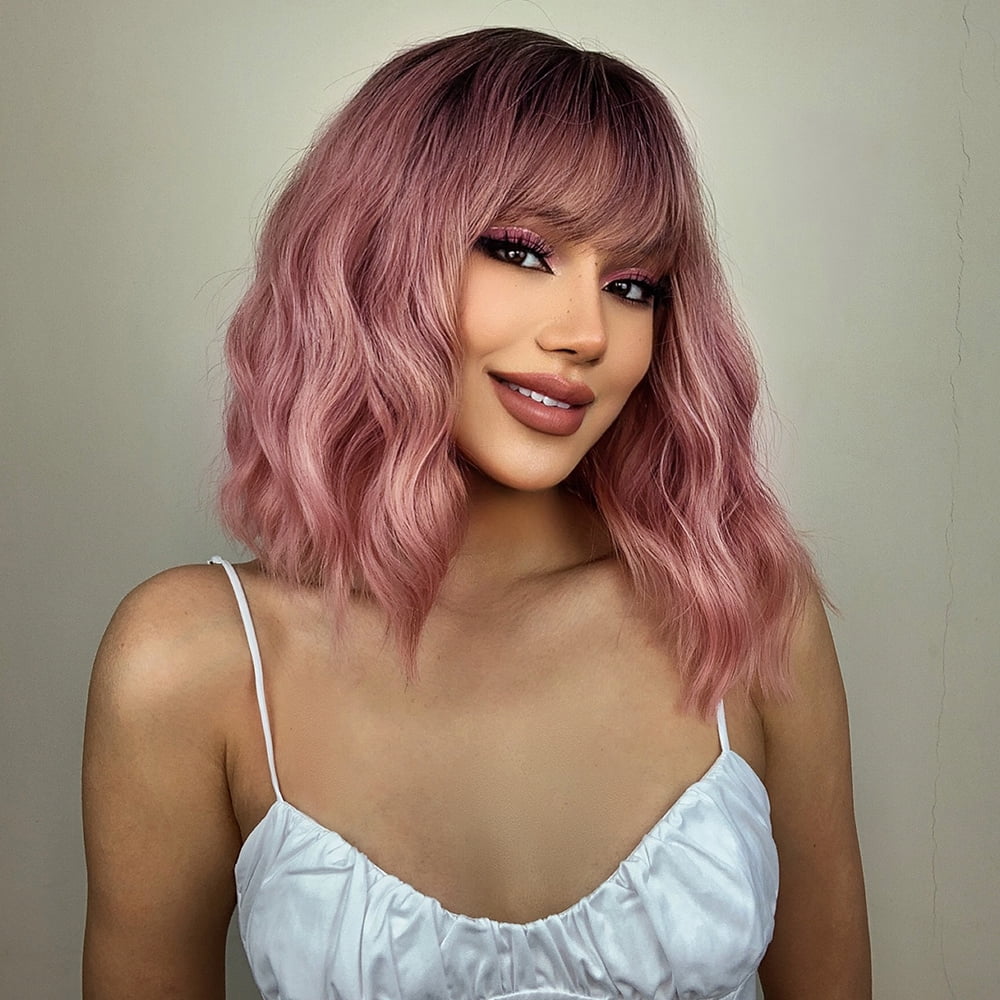RightOn Short Ombre Pink Wig Black to Pink Wig Short Curly Wavy Pink Wig with Bangs Pink Bob Wigs Heat Resistant Synthetic Wigs