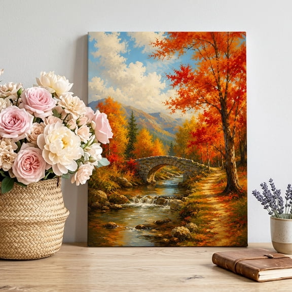Canvas Wall Art, Fall Scenery Framed Canvas Prints for Living Room Bedroom, Farmhouse Maple Trees River Mountain Gallery Wrapped Wall Decor for Home Office, Gifts, 12"x16" Ship Next Day