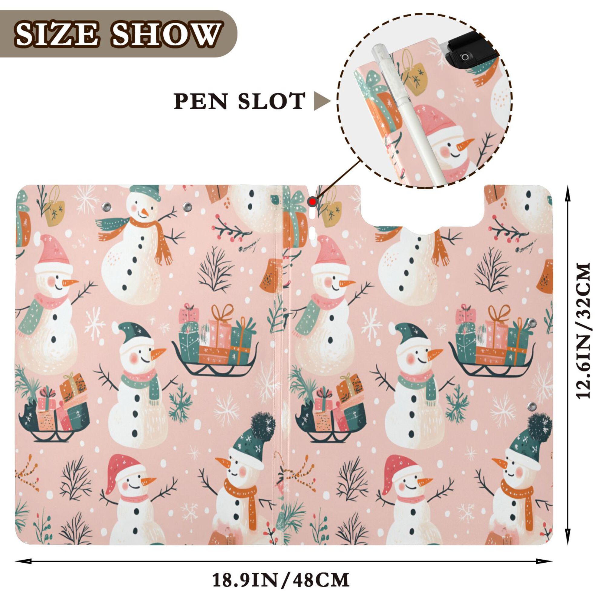 FORMRS A4 Clipboard Folder with Pen Holder Horizontal Foldable School Office Binder, Christmas Snowman