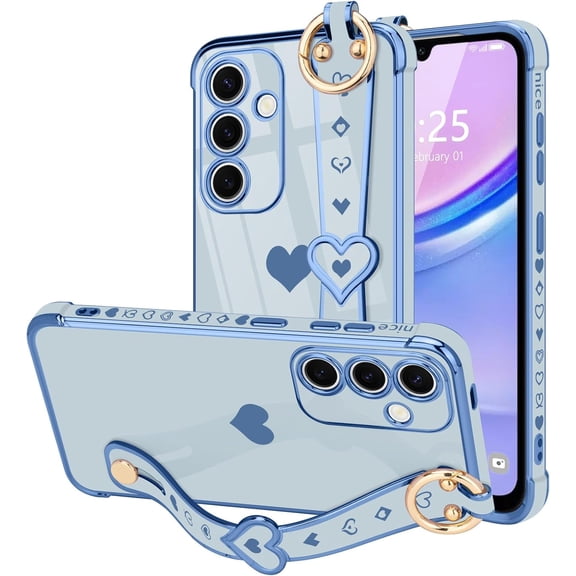 REQO for Samsung Galaxy A15 4G/5G Case Cute Love-Heart Plating Strap Phone Cover for Women Girls Bling Silicone Camera Protection Bumper Shockproof Phone Case for Galaxy A15 4G/5G (6.5")