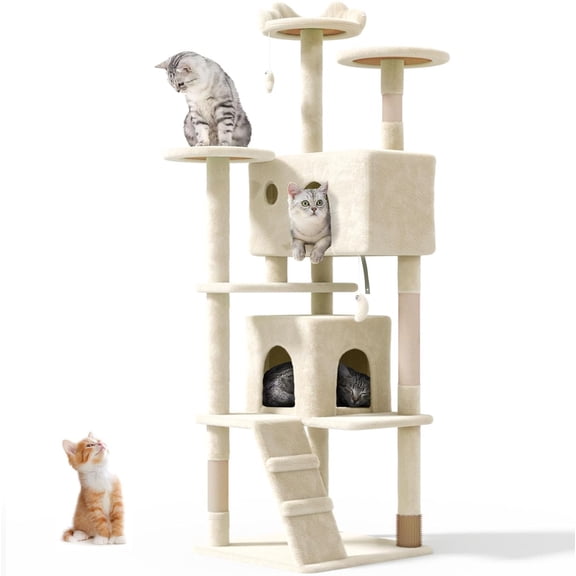 GJWL 70'' Cat Tree Tower for Indoor Cats Large Adult,Cute/Tall Modern Cat Tree for Big Cats 20 lbs, Plush Multi-Level Cat Condo with Scratching Posts,Dangling Ball for Fun Play (Beige, 70 inch)