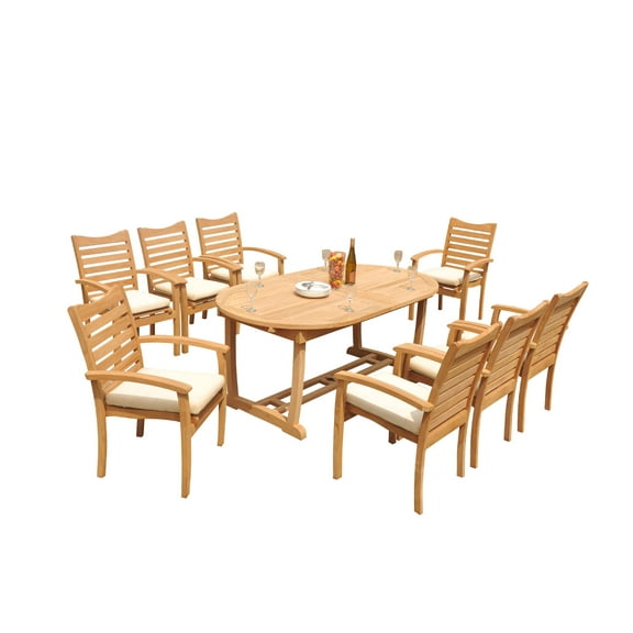 Grade-A Teak Dining Set: 8 Seater 9 Pc: 94" Mas Oval Trestle Leg Table And 8 Aspen Stacking Arm Chairs Outdoor Patio WholesaleTeak #51AP2309