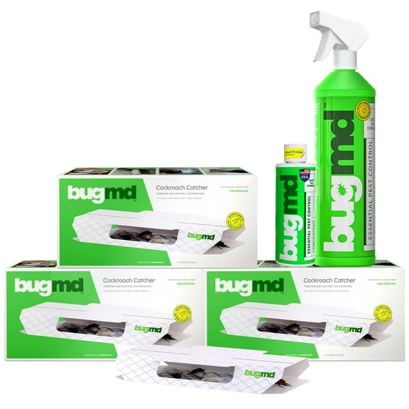 BUGMD Cockroach Catcher (3 Pack), BUGMD Essential Pest Control Concentrate (1 Pack) and Spray Bottle 32 oz (1 Pack) Bundle