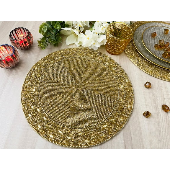 Set of 6, Luxury Handmade bead placemat, living room table decoration, beaded tablemat, gold