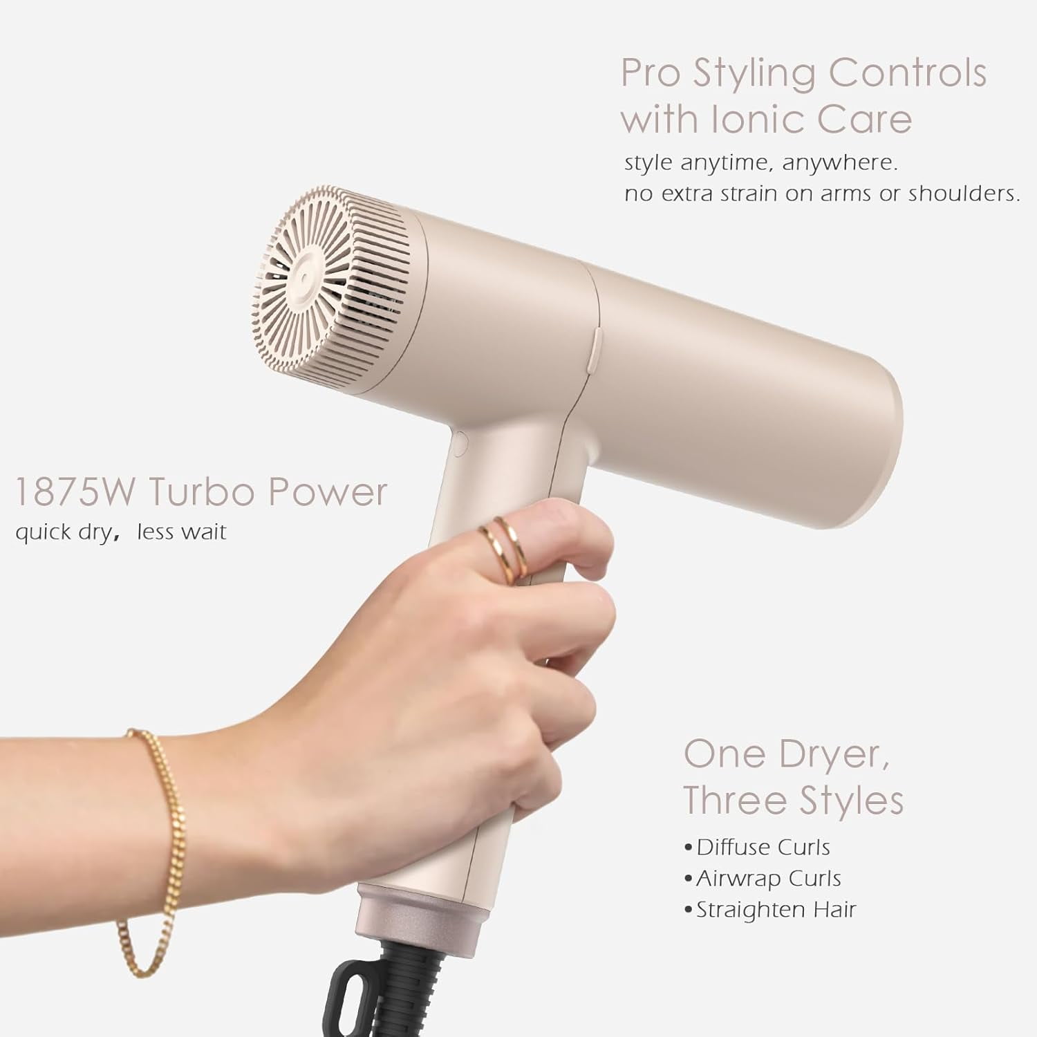 TOME Hair Dryer with Diffuser 1875W High Speed Ionic Blow Dryer 110000 RPM with Air Curling Wands Nozzle,Pink