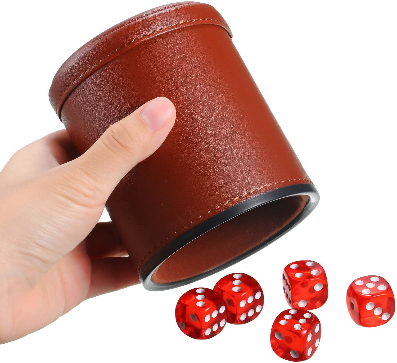 PU Leatherette Dice Rolling Cup Set 4 Pieces PU Leather Dice Cups Red Felt Lining Quiet Shaker with 20 Dices for Craps Farkle Game Kill Time Pressure
