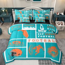 Homewish Football Rugby Teens Bedding Comforter Set 7pcs, Modern Sports Athlete King Bedding Sets, Turquoise Cartoon Helmet Reversible Bed Sheets, Super Cozy Room Decor