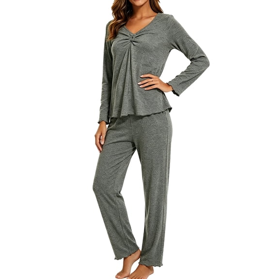MecTo Pajamas Set for Women Casual Long Sleeve Twist‑front Ruffled Cuffs Sleepwear Loungewear,PJ Set 2 Piece (Women's)
