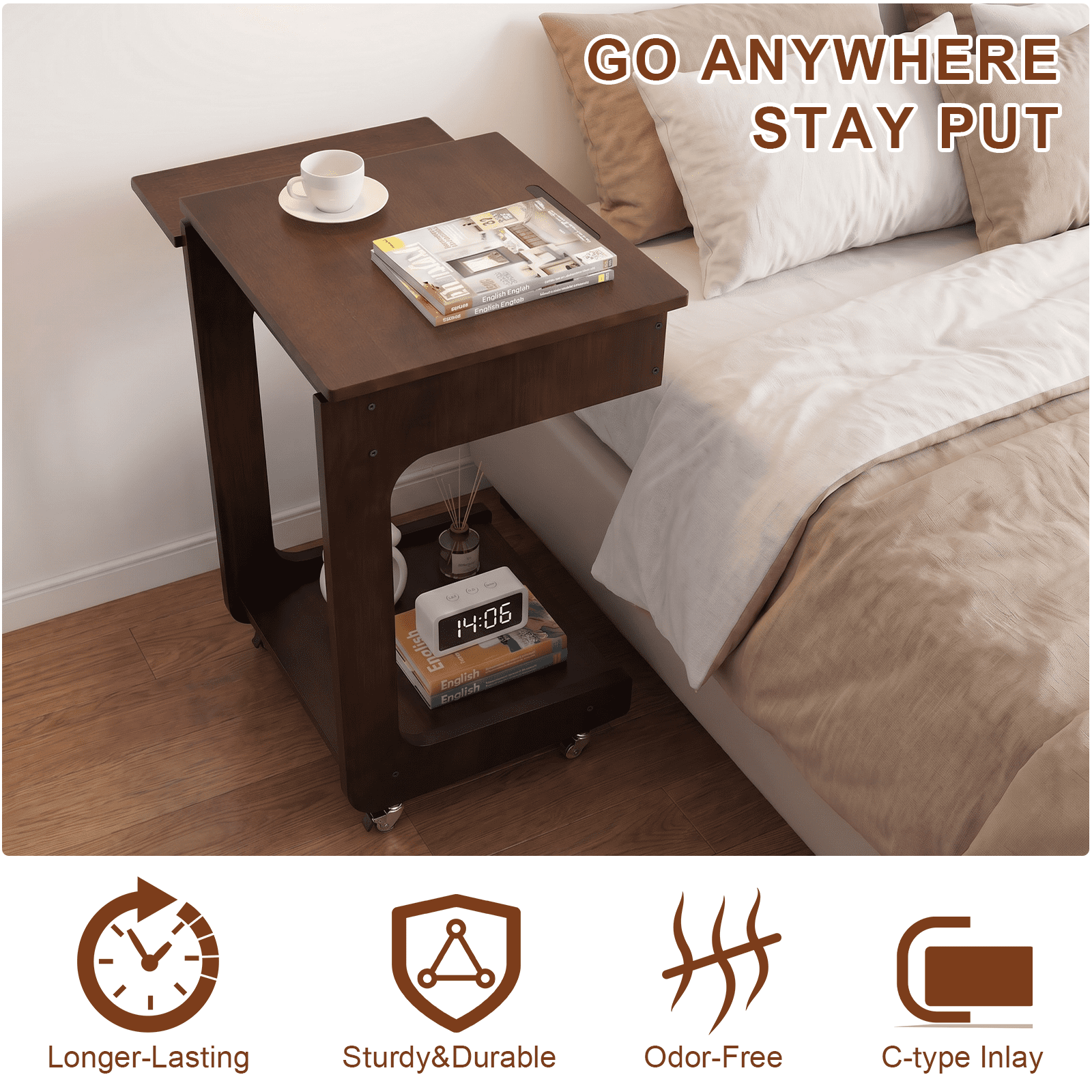 Leumius C Shaped End Table,Wood Rolling Side Table with 360° Adjustable & Foldable Desktop, Couch Table for Living Room, Bedroom, Office, Walnut