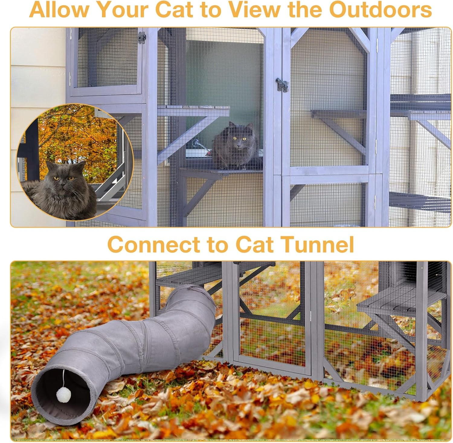 MEDEHOO Outdoor Catio Cat Enclosure, Walk-in Cat House with 7 Jumping Platforms & Weatherproof Asphalt Roof, Extra Large Cat Cage with 2 Napping Houses, Gray