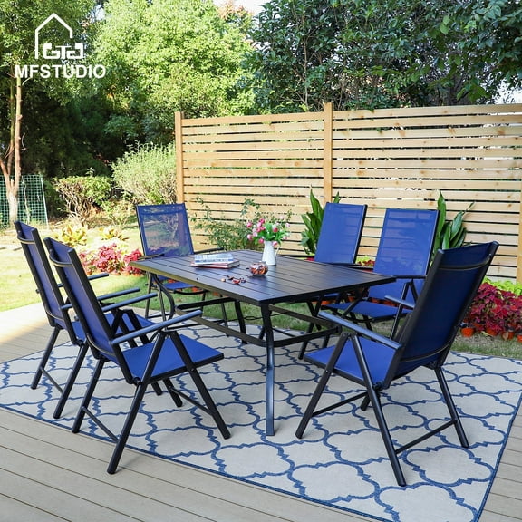 MF Studio 7-Piece Patio Dining Set with Rectangle Table&Textilene Folding Chairs for 6 Persons, Blue