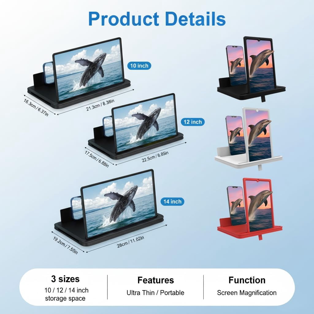 Screen Magnifier for Cell Phone with Adjustable Stand, Foldable Phone Screen Magnifier for Movies & Videos, Hands-Free Viewing, Compatible with All Smartphones (Red, 14'')