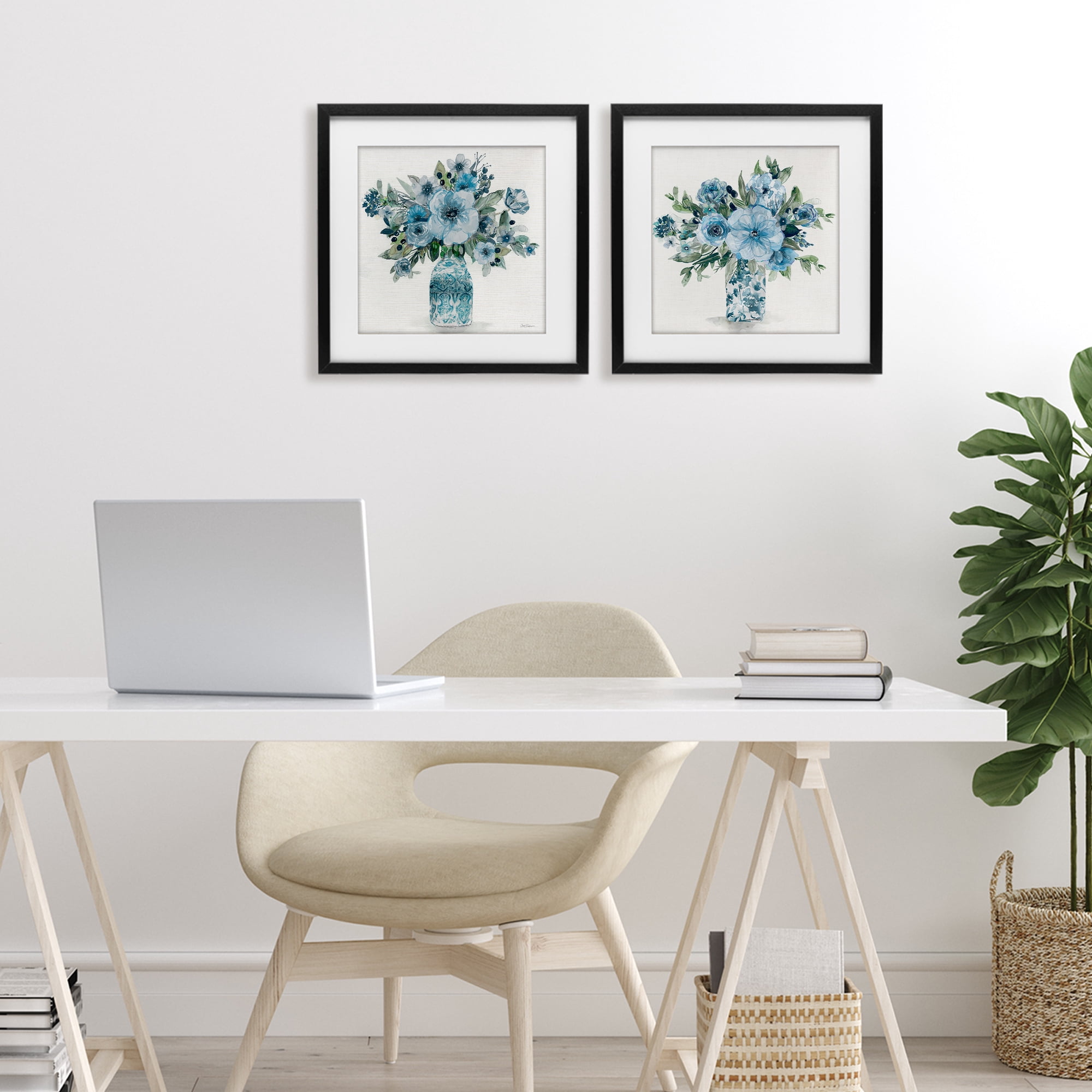Stupell Industries Pastel Blue Floral Vase Arrangements 2 Piece Black Framed Print Under Glass Set, design by Carol Robinson