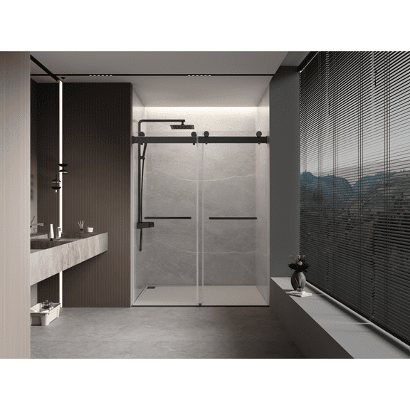 56 to 60 inches wide x 76 inches high Double sliding frameless soft-close shower door made of high-quality 3/8-inch (10mm) thick tempered glass, durable and easy to clean, matte black