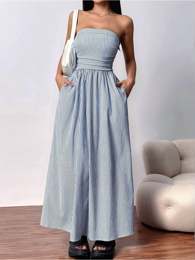 Women Striped Strapless Sleeveless Flowy Summer Casual Tube Maxi Long Dress with Pockets Blue L - Walmart.com Women Striped Strapless Sleeveless Flowy Summer Casual Tube Maxi Long Dress with Pockets Blue L - Walmart.com