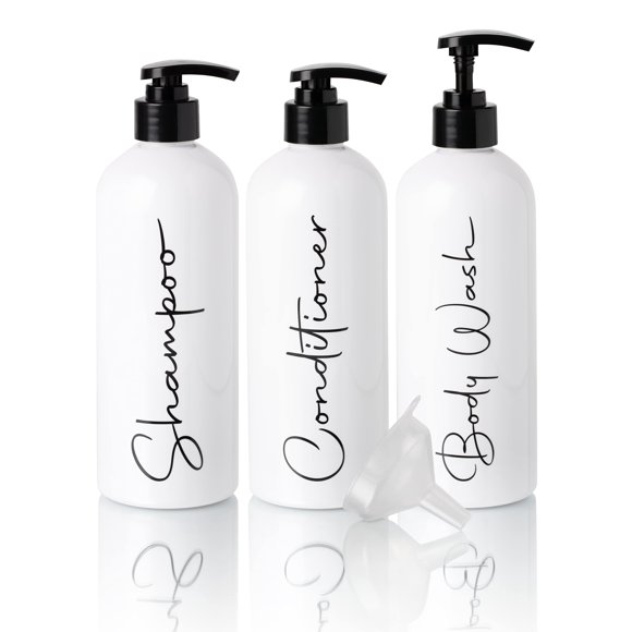 Alora Bouteilles Réutilisables de Shampoing et Revitalisant 16oz - Ensemble de 3 - Étiquettes Faciles à Lire - Distributeur de Bouteille à Pompe pour Shampoing, Revitalisant, Gel Douche - Contenants Rechargeables en Plastique Vides pour la Douche