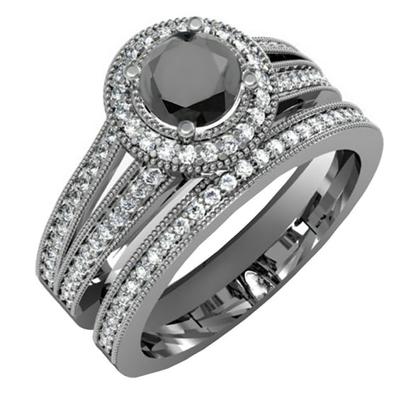 Dazzlingrock Collection 1.25 Carat (ctw) Black Rhodium Plated 10K White And Black Diamond Bridal Ring Set, White Gold, Size 6