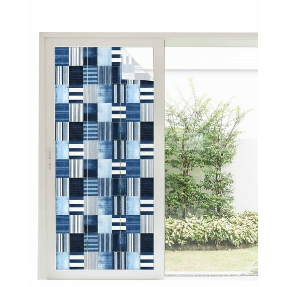 Window Privacy Film Blue White Plaid Stained Glass Window Film Decorative Sun Block Window Cover Modern Geometric Striped Checkered Window Clings Static Adhesive Sticker for Bathroom 35.4"x78.7"