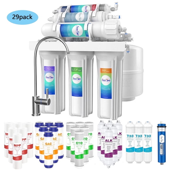 SimPure Under Sink Water Filter System NSF Certified 6 Stage 100GPD RO System with Faucet and Tank & 3 Year RO System Replacement Filter Set