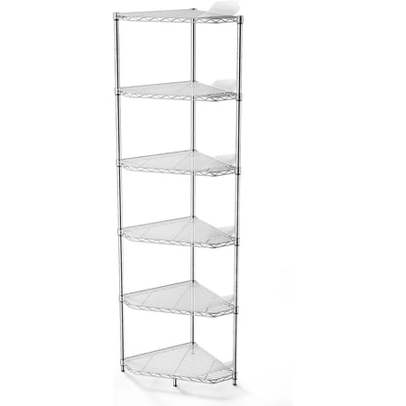 6-Tier NSF Metal Corner Shelf Wire Shelving Unit - 600lbs Capacity, Adjustable, with leveling feet & Shelf Liners - Ideal for Garage, Kitchen - 20" L x 20" D x 72" H - Pentagonal-Shape - Chrome