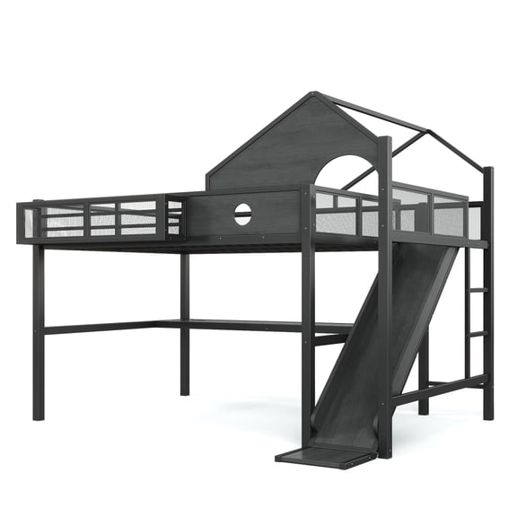 YINGYUE Queen Size House Shape Metal MDF Loft Bed Black, Multifunctional Loft Bed with Slide, Desk, Storage Shelves, USB Ports & LED Lights for Bedroom Dorm Studio