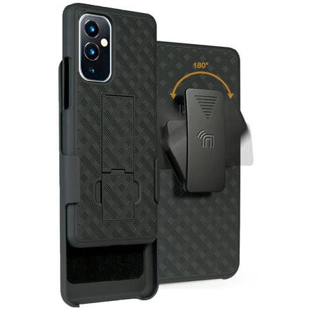 Case with Clip for OnePlus 9, Nakedcellphone [Black Tread] Kickstand Cover with [Rotating/Ratchet] Belt Hip Holster Combo for OnePlus 9 Phone