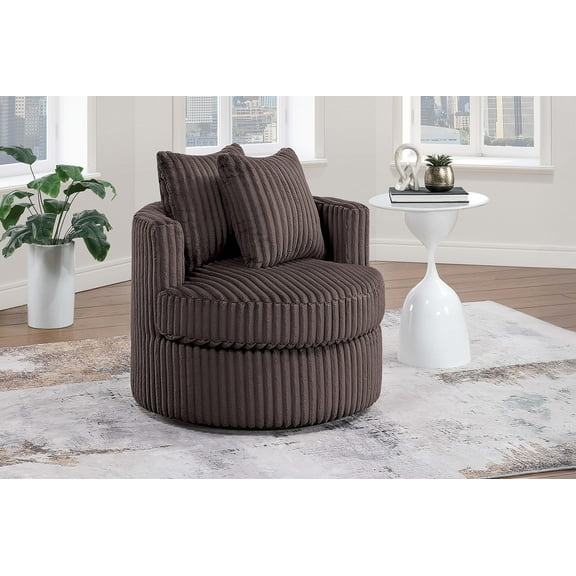 Comfortable Plush Corduroy Swivel Accent Chair, Upholstered Round Base Chair with Removable Cushion & Throw Pillows, 360° Rotating Living Room Chair, Chocolate Brown
