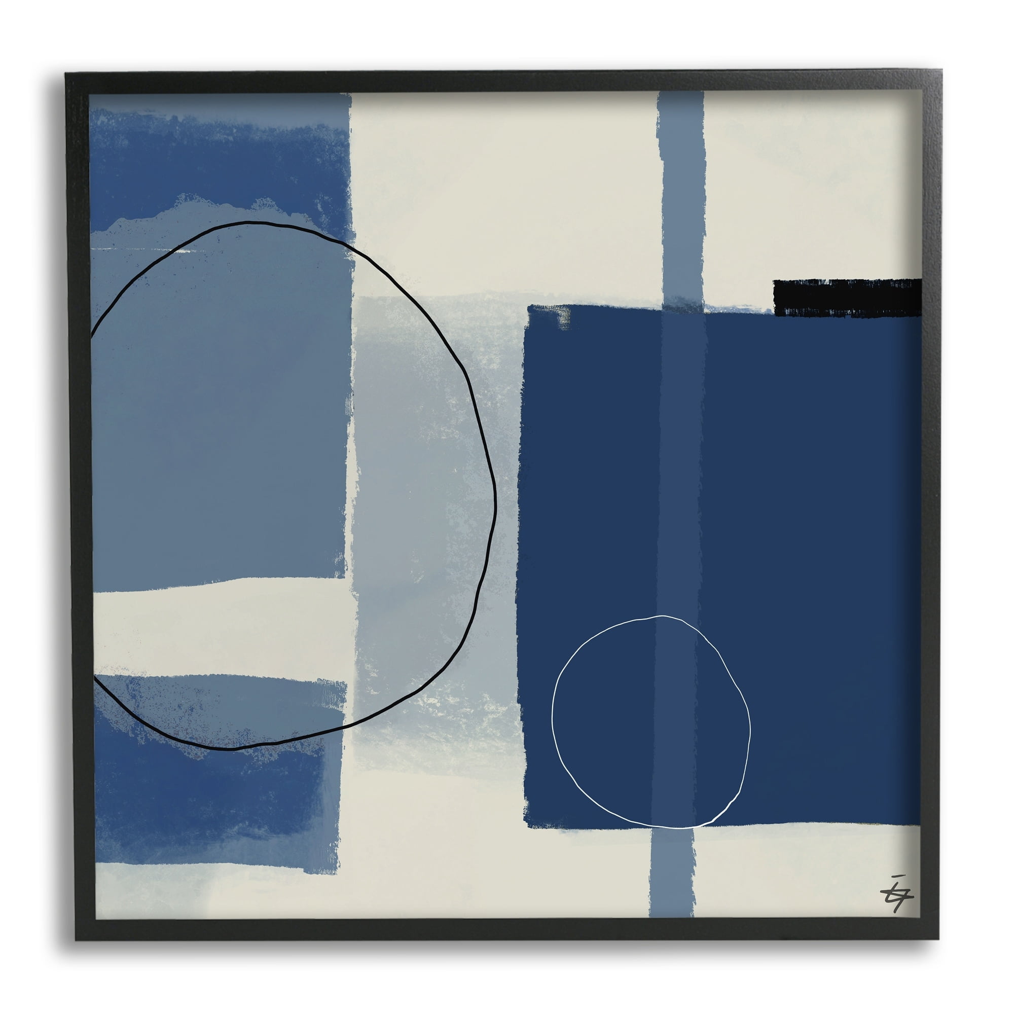 Stupell Industries Bold Blue Abstract Geometric Shapes Circles Squares Painting Black Framed Art Print Wall Art, Design by Elizabeth Hale
