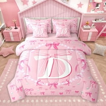 Homewish Pink Monogrammed D Bedding Comforter Set 7pcs, Kawaii Princess Bow-tie King Bedding Sets, Teens Kids Girls Women Reversible Bed Sheets, Luxury Bedroom Decor