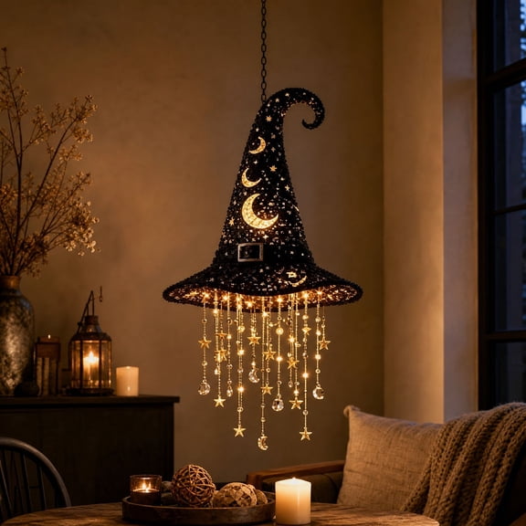 syligr Lighted Witch Hat Wind Chime for Halloween Decorations, Light Up Hanging Witch Hat with Star Moon Crystal Pendants, Spooky Halloween Decoration for Indoor Outdoor, Holiday Party Decor
