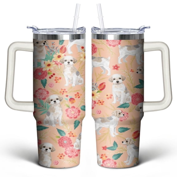 Orange and White Dog Flowers 30 Oz Tumbler with Handle Lid and Straw, Stainless Steel Double Walled Vacuum Insulated Cup, Cute Birthday Gifts Tumbler for Women Men Friends