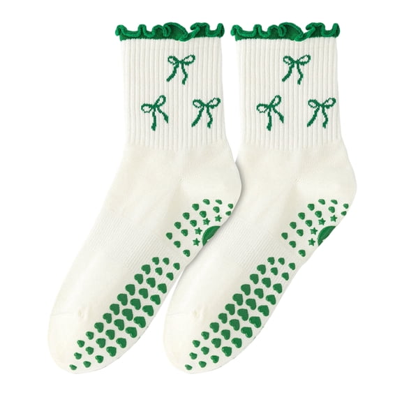 Yawlsow Pilates Socks with Grips for Woman, Non Slip Ruffle Yoga Socks with 6-Bow & Arch Support for Barre Ballet Workout, Hospital