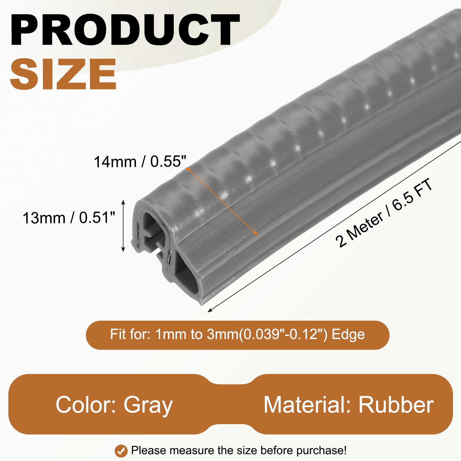 Door Weather Stripping 6.5FT, 14mm W x 13mm H EPDM Car Door Rubber Edge Trim Seal Strip Gasket with Side Bulb Fit 1mm to 3mm Edge for Electrical Cabinet Cars Boat RVs Truck, Gray