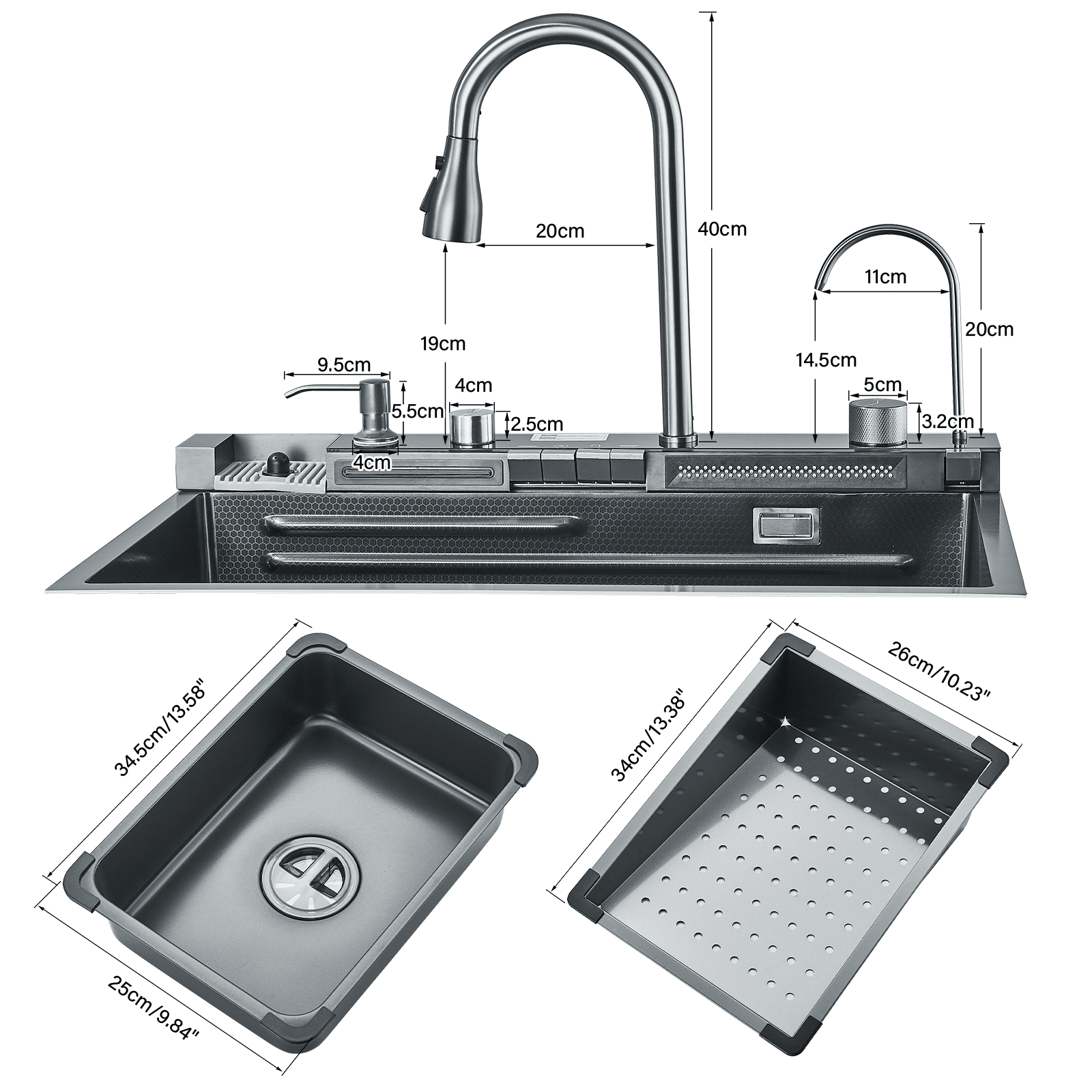 Kitchen Sink 304 Stainless Steel Single Bowl Kitchen Sinks, Digital Display Waterfall Sink, With Pull Down Sprayhead Faucet, With Pressurized Cup Washer and Two Waterfalls