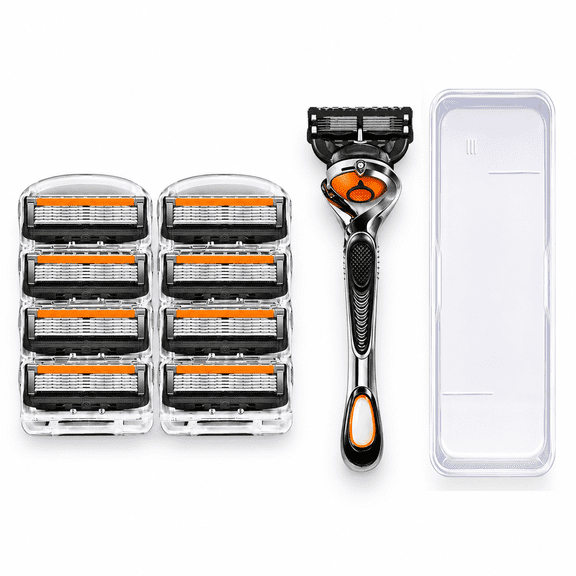 5-Layer Men’s Manual Razor Kit, 1 Metal Razor Handle with 8 Replacement Blade Cartridges and Storage Case, Pivoting Shaving Razor Set with Anti-Slip Grip for Face and Beard