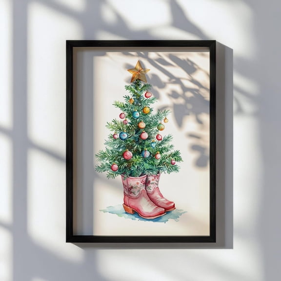 Christmas Tree Cowboy Boots Art Print, Rustic Holiday Decor, Western Christmas Art, Holiday Printable, Christmas Decor, 12x18 UNFRAMED