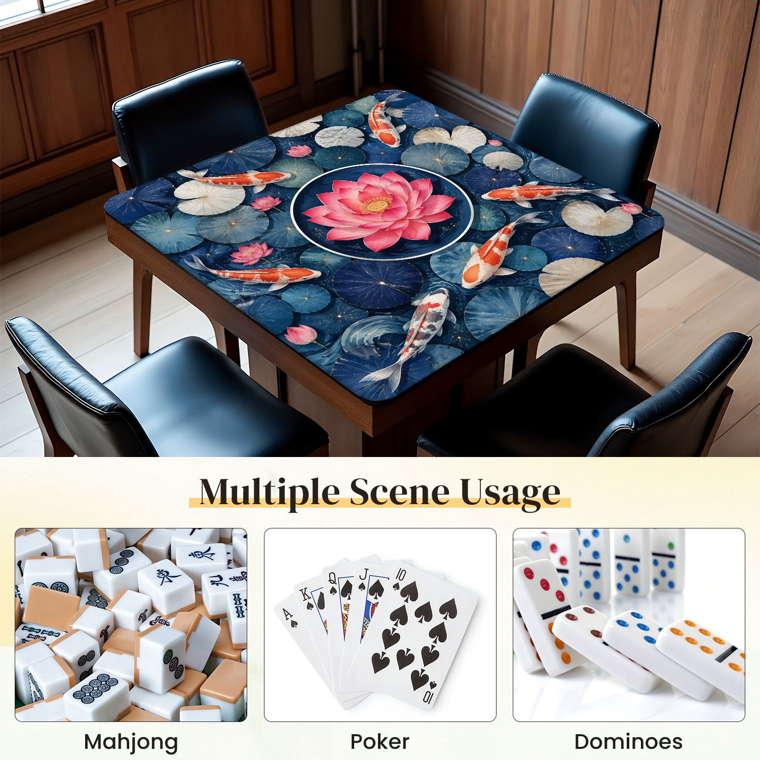 Mahjong Mat 31.5" x 31.5" Vibrant Fish Swimming Blue Lotus Leaves Pink Water Lily Centerpiece Non-Slip Noise Reduction Mahjong Tiles Table Cover for Dominoes Poker Card Board and Tile Games