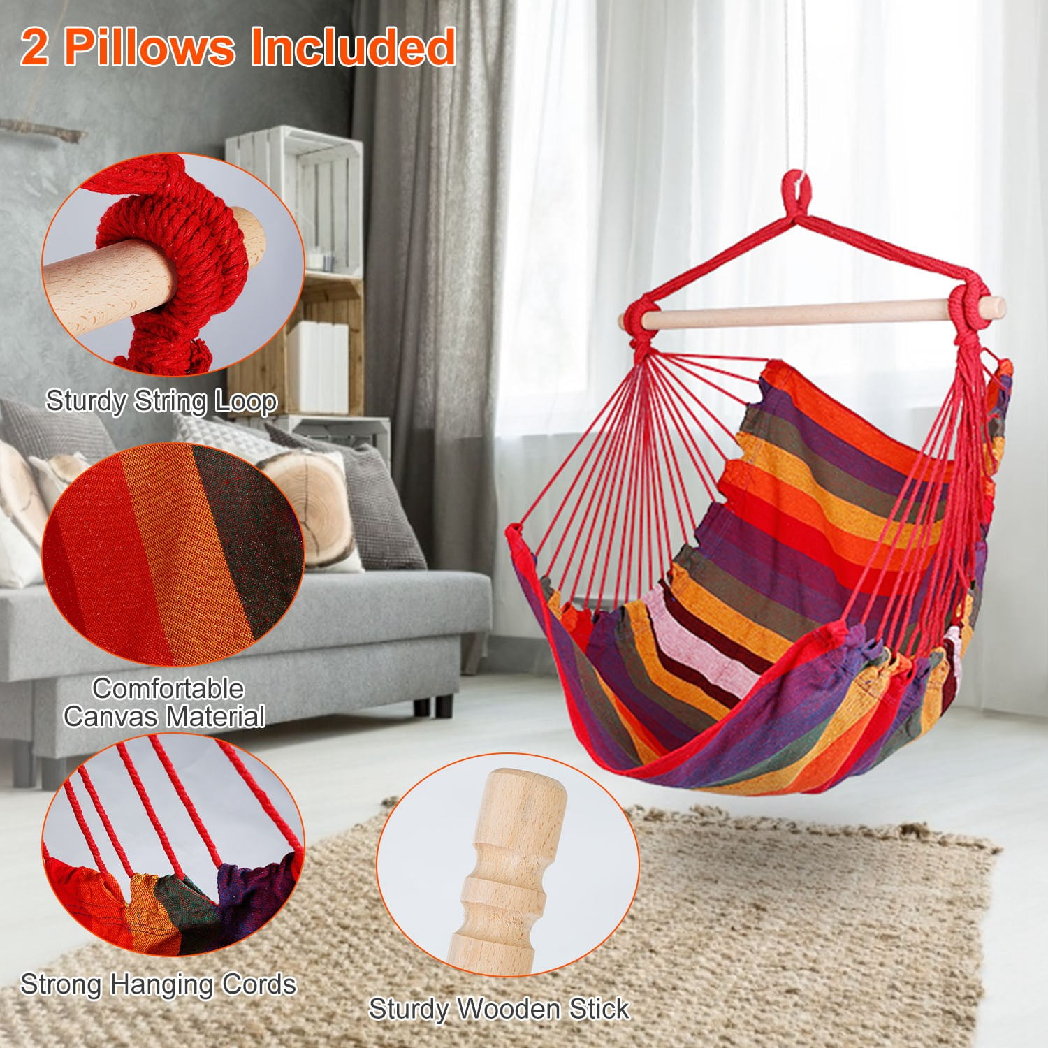 iMountek Hanging Chair Canvas Porch Patio Swing Seat, Portable Camping Rope Seat Wooden Stick Hammock Chair, Red