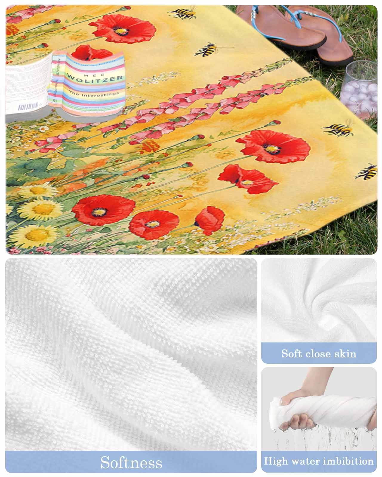 Poppy Botanical Beach Towels Oversized Super Absorbent, Vintage Floral Yellow Ombre Lightweight Bath Towel Quick Dry Sets For Bathroom/Pool/Rv Camping/Beach Play/Gym Room/Picnic 23"x47"