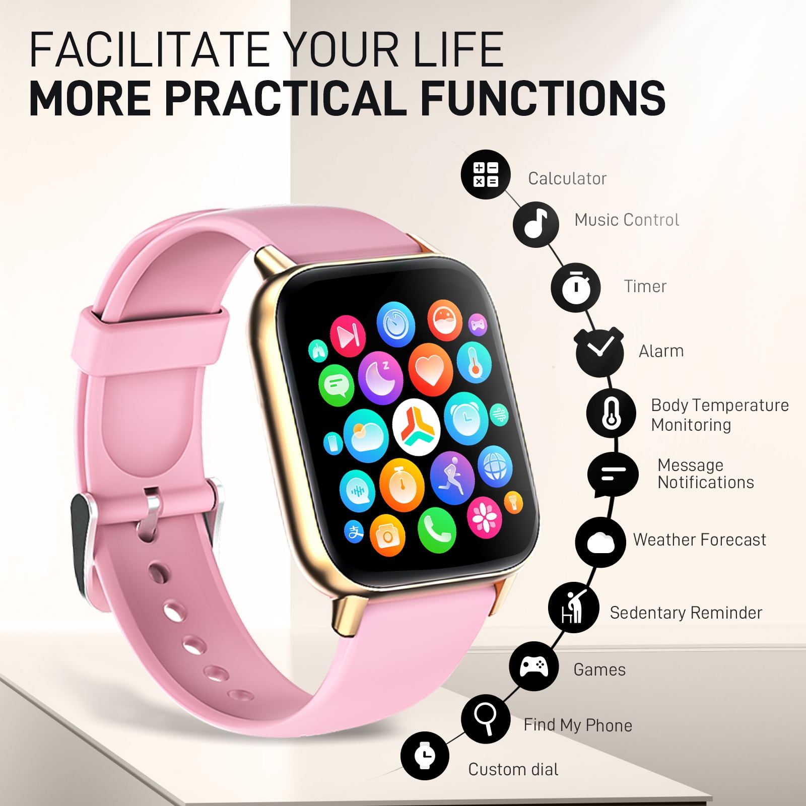 XAXRE Women Men Smart Watch, 1.72 in HD Display, Aluminum Case with Pink Sport Band, New, 1 Count, 1 Pack