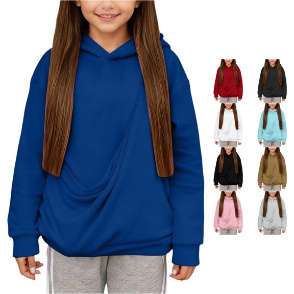 Oiyii Toddler Girl's Solid Basic Hoodie Sweatshirt Long Sleeve Casual Hooded Sweatshirt Daily Pullover Top,Blue