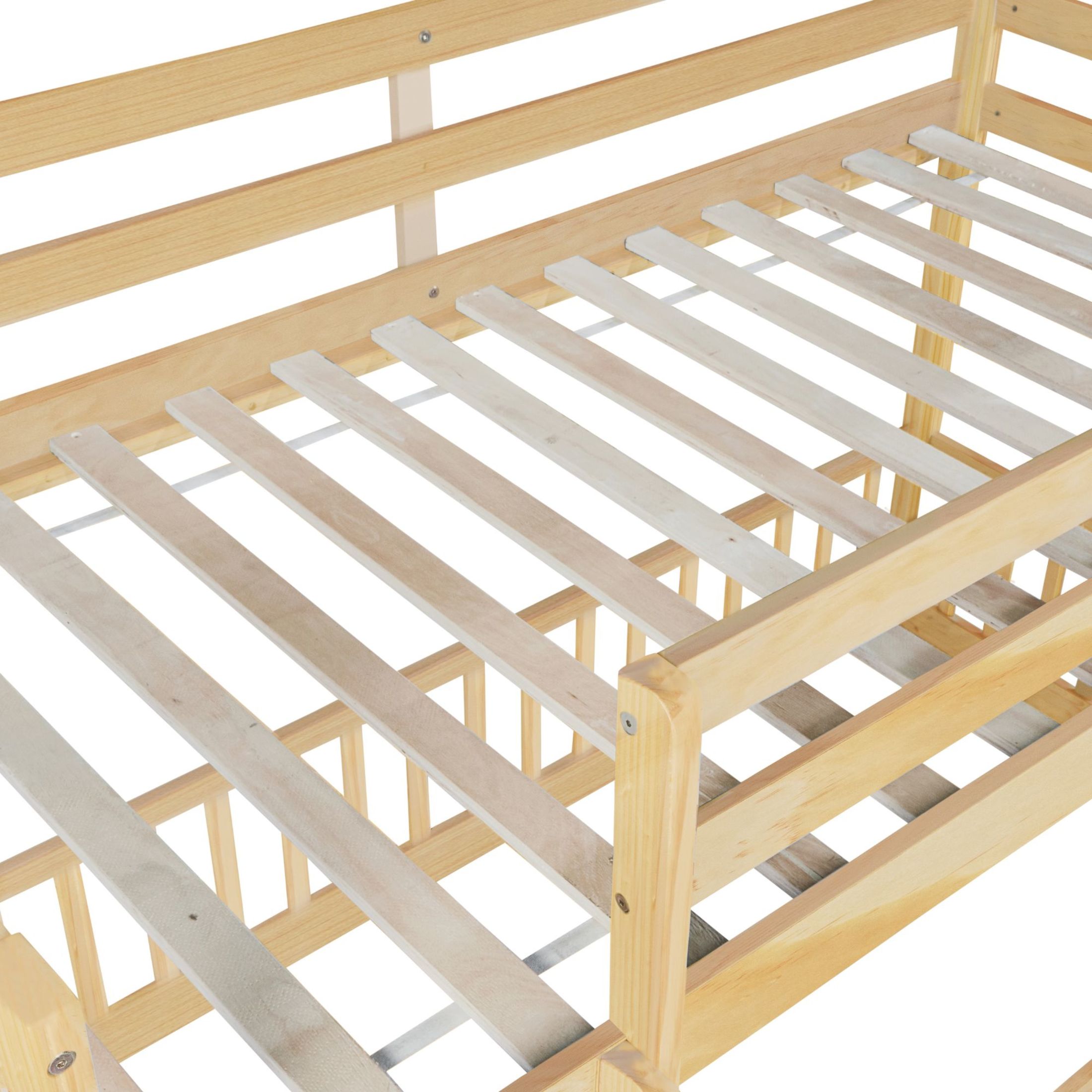 Noble House Twin Over Twin Floor Bunk Bed, Solid Pine Wood Frame with Slide, Convertible Ladder & Guardrails, Natural